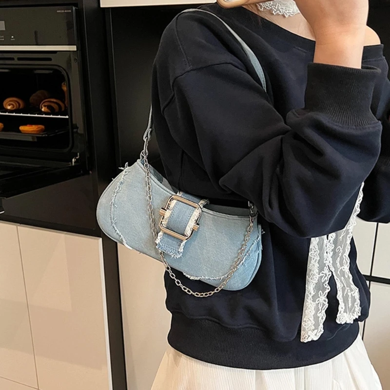 

652F Trendy Jeans Satchel Handbag Lightweight Underarm Purse Daily Use Practical Shoulder Bag Multipurpose Evening Bags