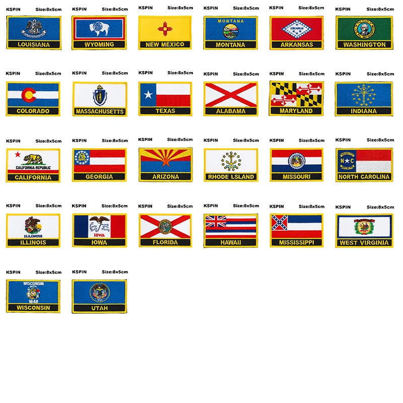 Flag Patches Wyoming New Mexico Montana Washington Colorado Massachusetts Louisiana Texas Alabama  Maryland California Indiana