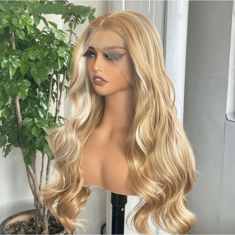 Peluca sintética ondulada de cuerpo largo, resaltado rubio miel, parte media, pelucas frontales de encaje, encaje Frontal prearrancado, línea de cabello realista