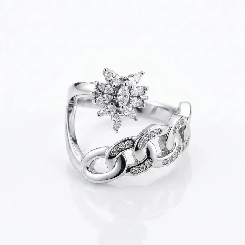 Luxury Snowflake CZ Curb Chain Open Adjustable Ring For Women Sparkling Cubic Zirconia Finger Ring Party Anniversary Jewelry