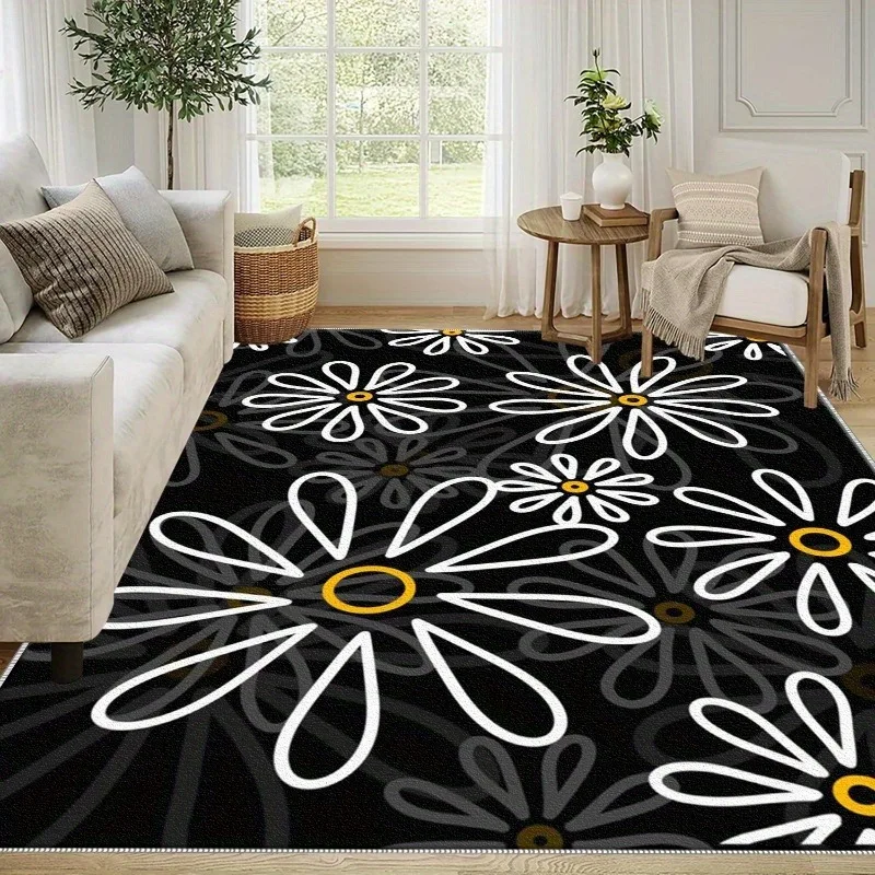 Vintage Yellow Chrysanthemum Floral Area Rug Blue Leaf Art Flower Print Floor Carpet for Living Room Bedroom Decor Gift Ornament