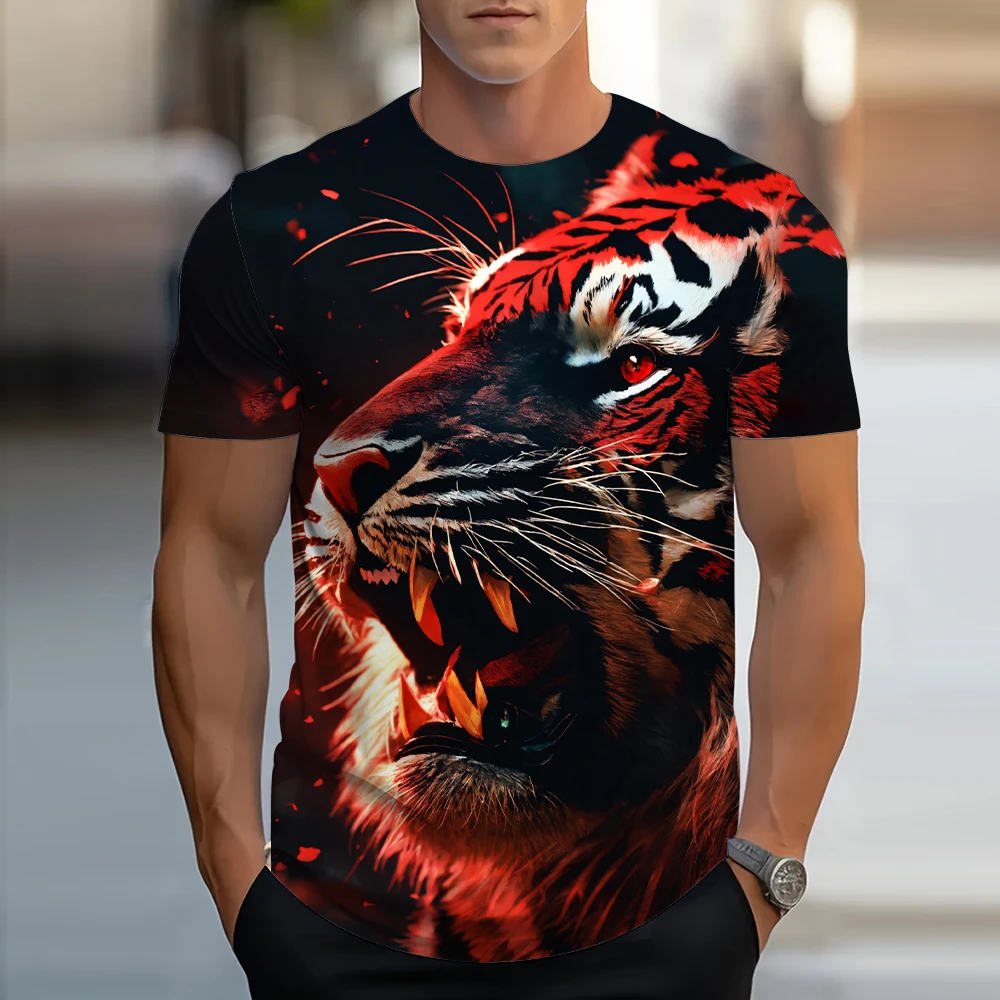 2024 New Mens Retro T Shirt Blood Tiger Fierce Beast Printed American Large Size Personalized Lion Short Sleeve Daily Sportswear