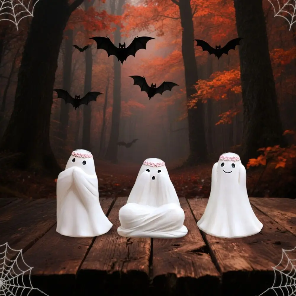 

3pcs Resin Halloween Ghost Decor Set Cartoon Funny Floral Haunting Ornaments Cute Ghost Figurine Bedroom