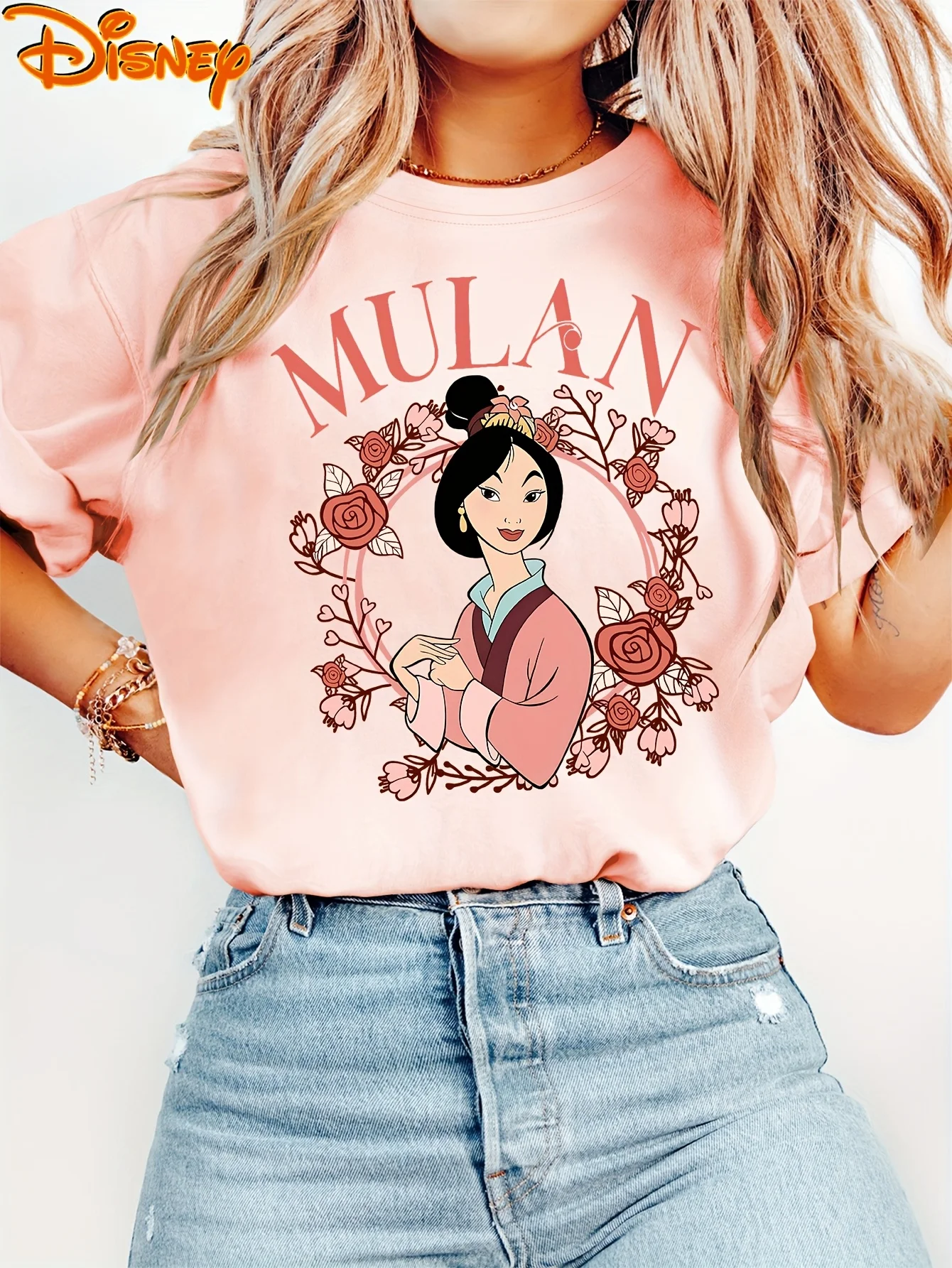 بلوزة ديزني النسائية بأكمام قصيرة، أنيقة بطباعة حروف مولان ورقبة دائرية للرجال والنساء بقاعدة قطنية لجميع المواسم #2