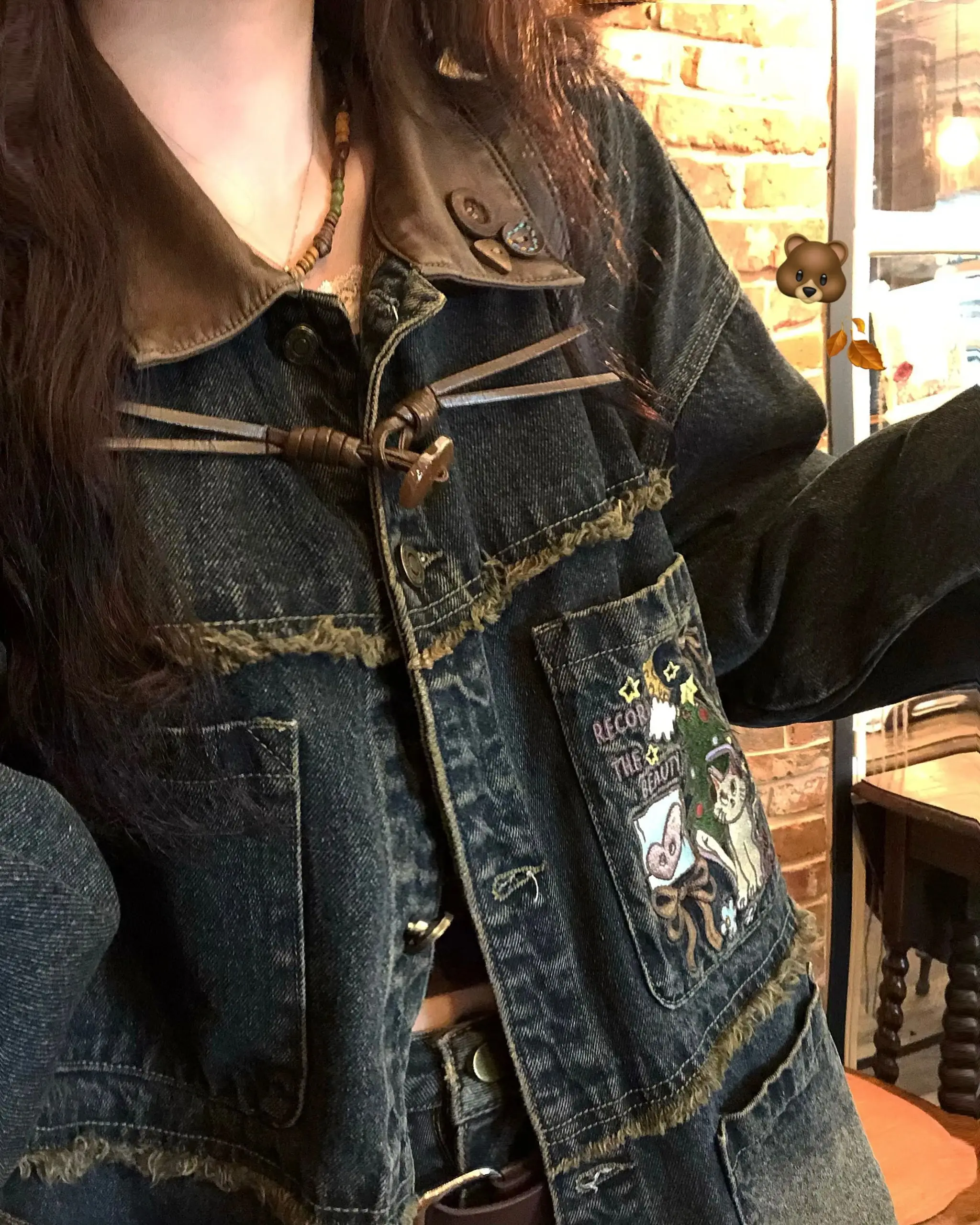 2025 Spring and Autumn American Retro Style Avocado Green Patchwork Denim Jacket Women's Loose Blue Casual Daily Jacket