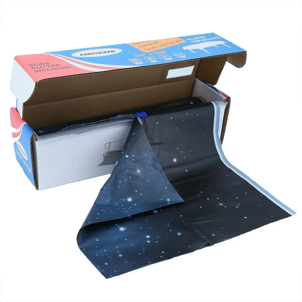 

Heavy-Duty Waterproof Disposable Tablecloth Roll, 54 x 100', Built-in Cutter, Starry Sky Design