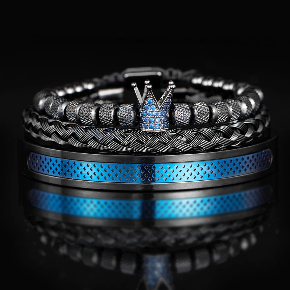 

Luxury Set Handmade Men black blue Crown Bracelets Bangles Hemp Rope Buckle Open Stainless Steel Micro Pave CZ Jewelry