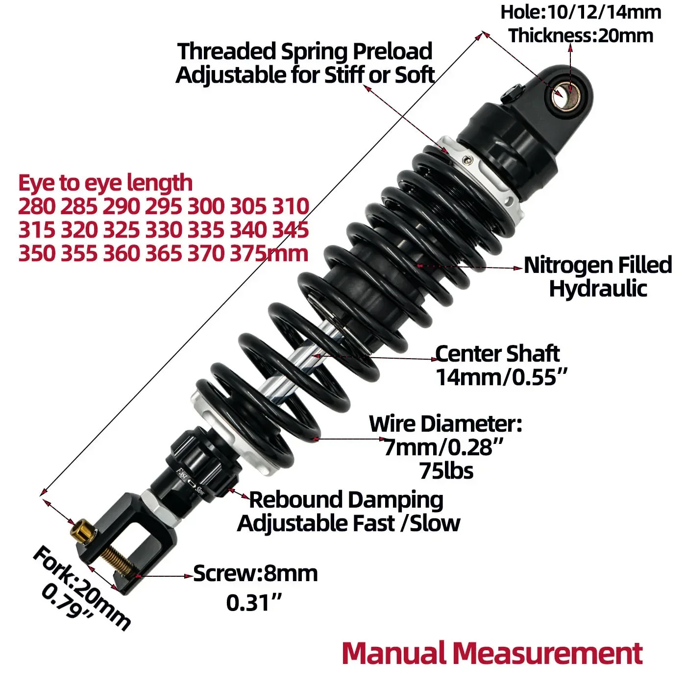 

Universal Motorcycle Rear Shock, Fork 20mm Fit for Honda NS150G, Kymco H150, RT3C, Joymax Z300, Cruisym 300, SYM ADV, FZ150