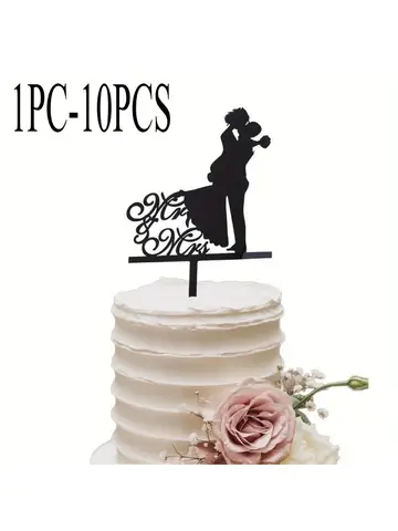 1PC-10PCS Elegante Topper per torta nuziale Mr & Mrs Silhouette per sposa e sposo in acrilico nero con decorazione per torta con scritta "Mr & Mrs".