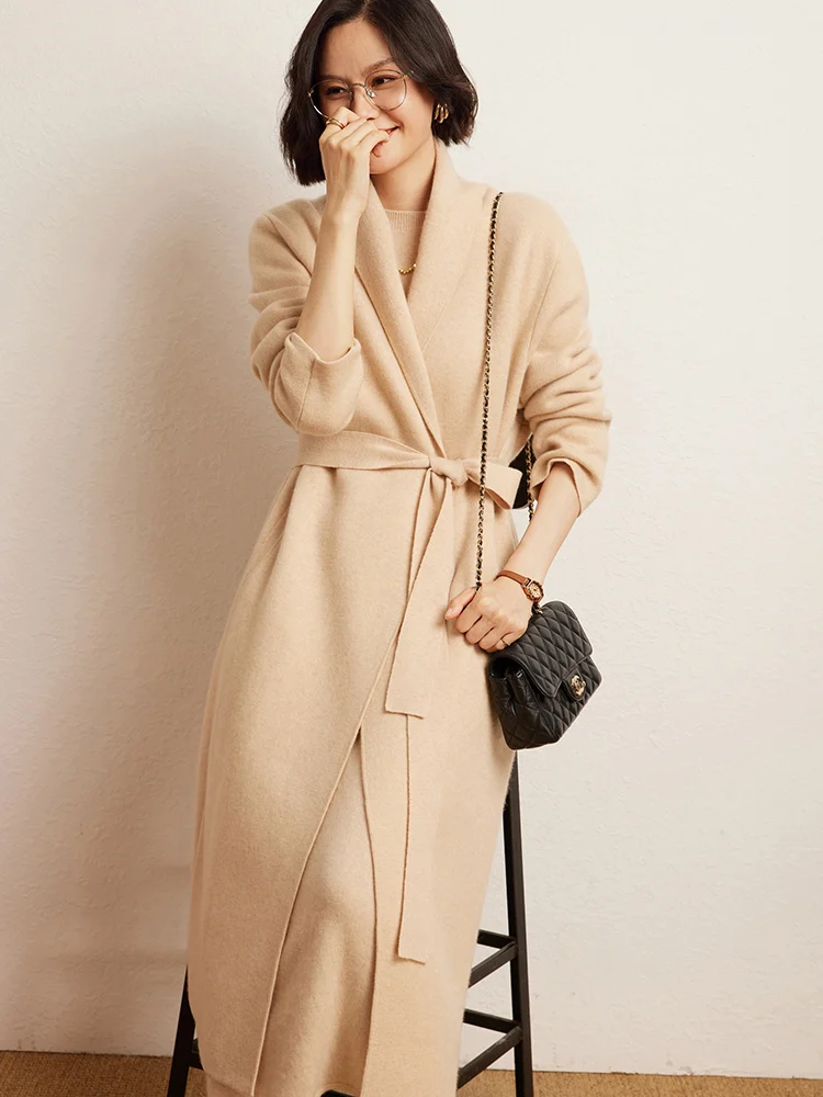

Chic Cashmere Cardigan Elegant Coat Women's Autumn Winter Clothing 100% Cashmere Sweater Luxury Style Solid Color Long New Tops