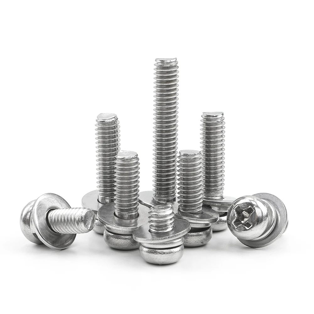 NINDEJIN Cross Recessed Pan Head Screw with Washer Stainless Steel M2 M3 M4 M5 M6 M8 Three Combination Machine sems screw