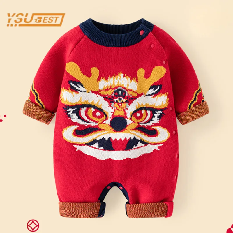 

Autumn Infant Baby Boys Girls Long Sleeve Cartoon Print Knit Jumpsuit New Year Newborn Kids Baby Boys Girls Clothes Rompers