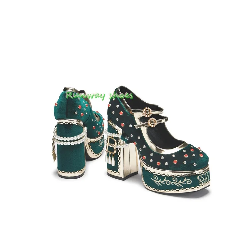 Christmas Red Velvet  Women's Shoes Round toe Chunky Heel Beaded Decorations Rhinestone-Studded Women's Shoes  Single Shoes