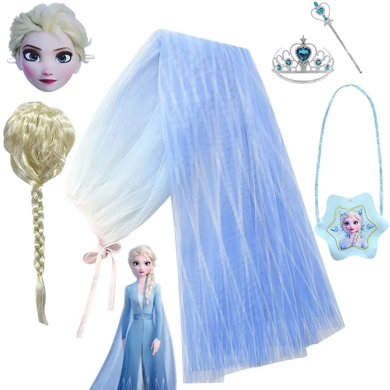 

6pcs/set Disney Frozen Elsa Anna Cosplay Princess Cloak Crown Wand Mask Wigs Party Costume Supplies Halloween Birthday Dress Up