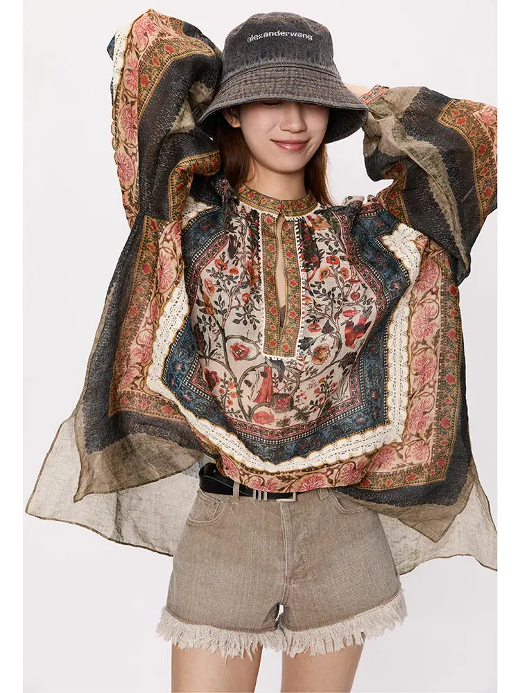 New 2024 Spring Women Vintage Printed Blouse Shirt V-Neck Bohemian Loose Fit High Street Chic Stunning Fashion Design Trendy