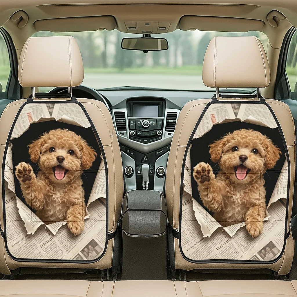 2pcs 2D Printed Car Seat Back Protector - Cute Puppy Breaking Through Paper Cute Moment Themed Pattern Printed Car Seat Back Pro