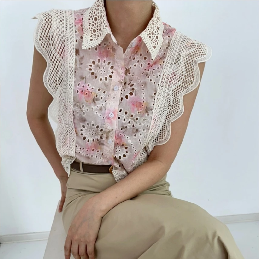 Csa retro con cuello de encaje, empalme, gancho, flores caladas, antienvejecimiento, pintura al óleo, sin mangas, top mode...