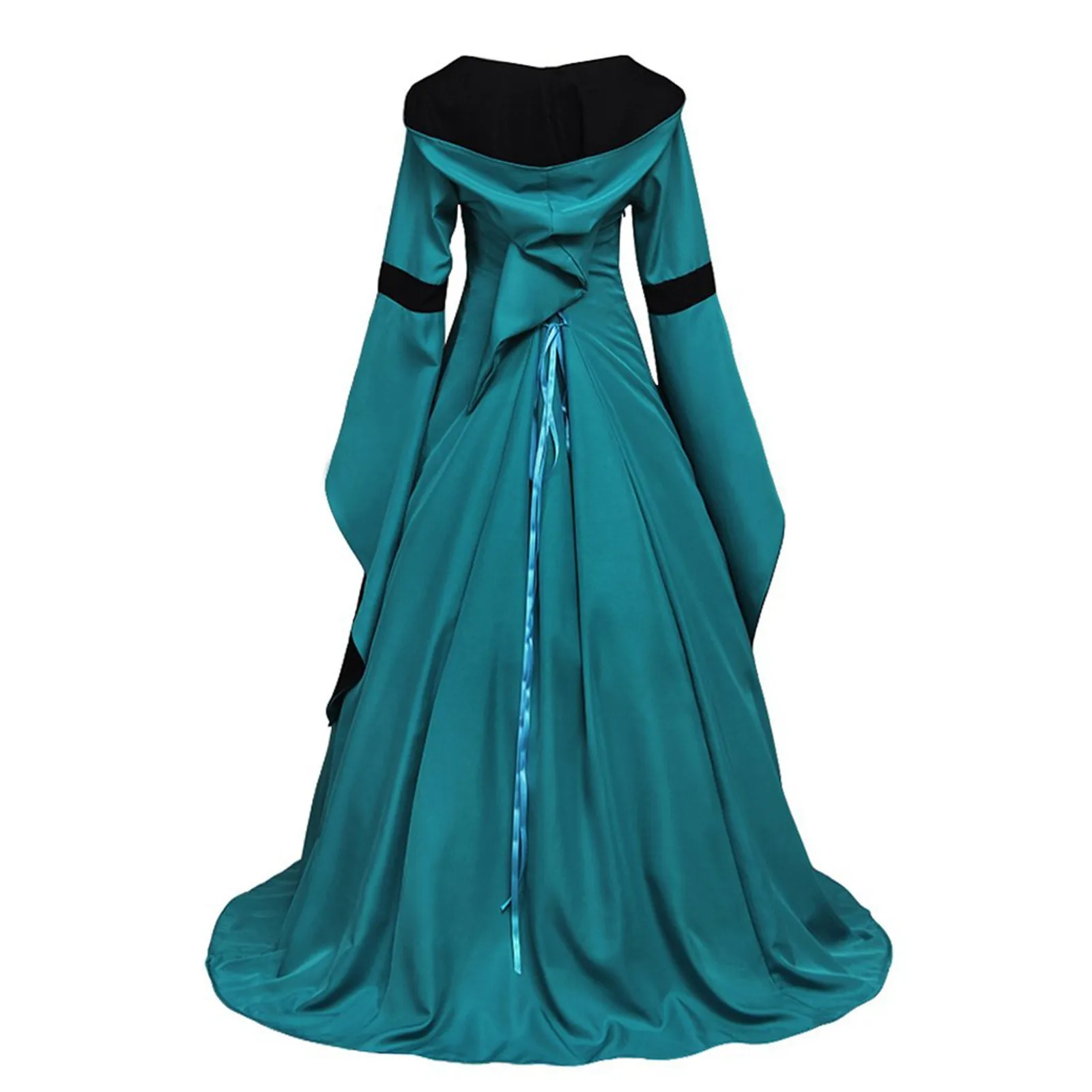 Hooded Bell Sleeve Dress Mid Length Tribal Ethnic with Long Sleeves Elastic Waist Literary Retro Autumn Medieval Retro Dress - view 3