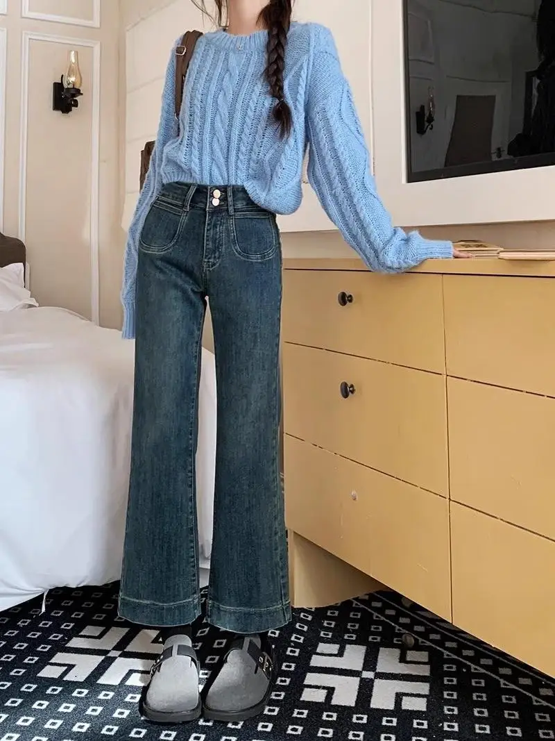 High-Waist-Schlagjeans für Damen, schmal geschnitten, amerikanischer Stil, Denim-Hose, Frühling/Herbst, für einen schmalen Körpertyp, 7/8-Länge