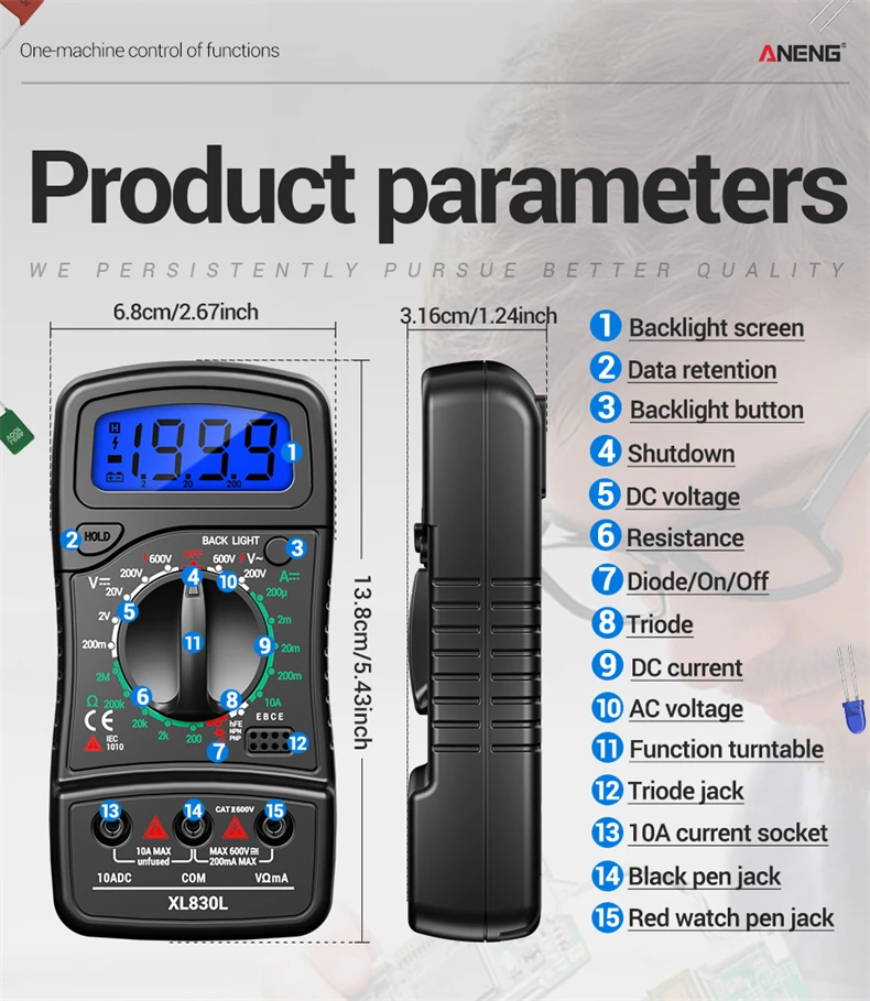 ANENG XL830L LCD-Hintergrundbeleuchtetes Multimeter 1999 Messungen 600V AC/DC Spannung DC 10A Strom Widerstand Dioden HFE Detektor mit Datenhaltefunktion – Detail 8