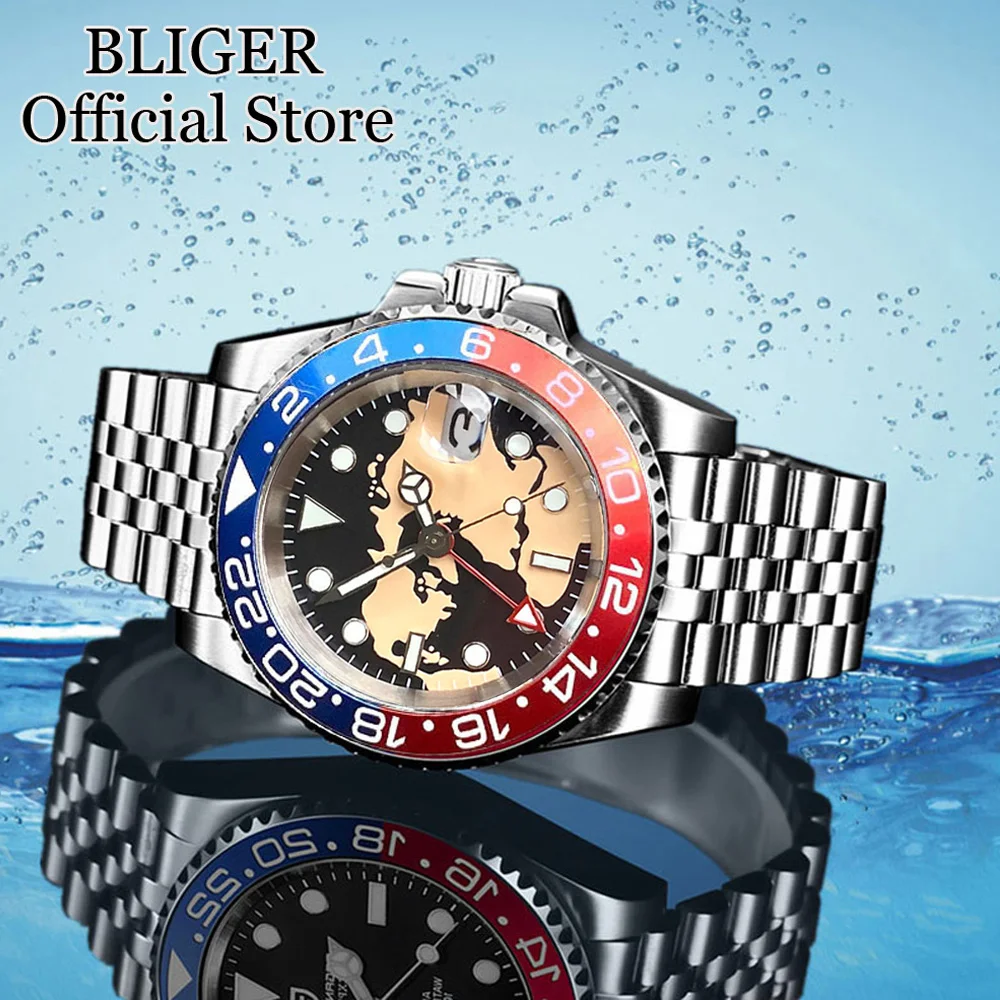 

BLIGER Red GMT Diving Automatic Mens Watch Sapphire Glass NH34 GMT Watch 100M Waterproof Mechanical Watches 2023 Full Lume Dial