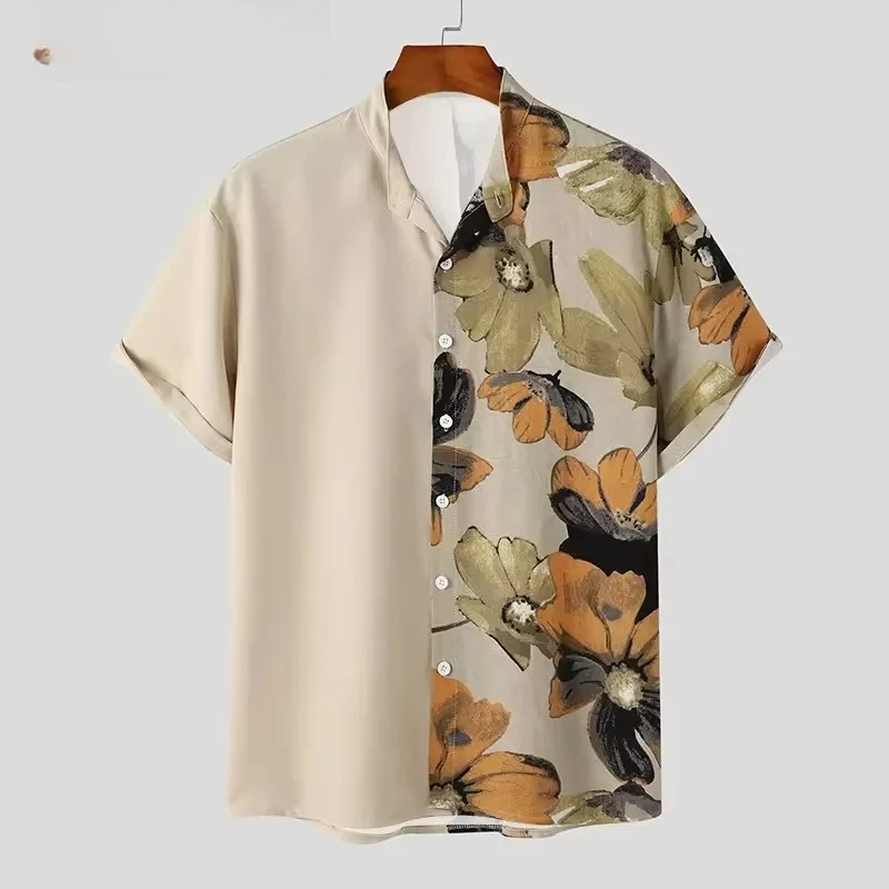 Small Niche Left and Right Splicing Design, Retro Flower Print Men's Short Sleeved Shirt, Summer Breathable Shirt