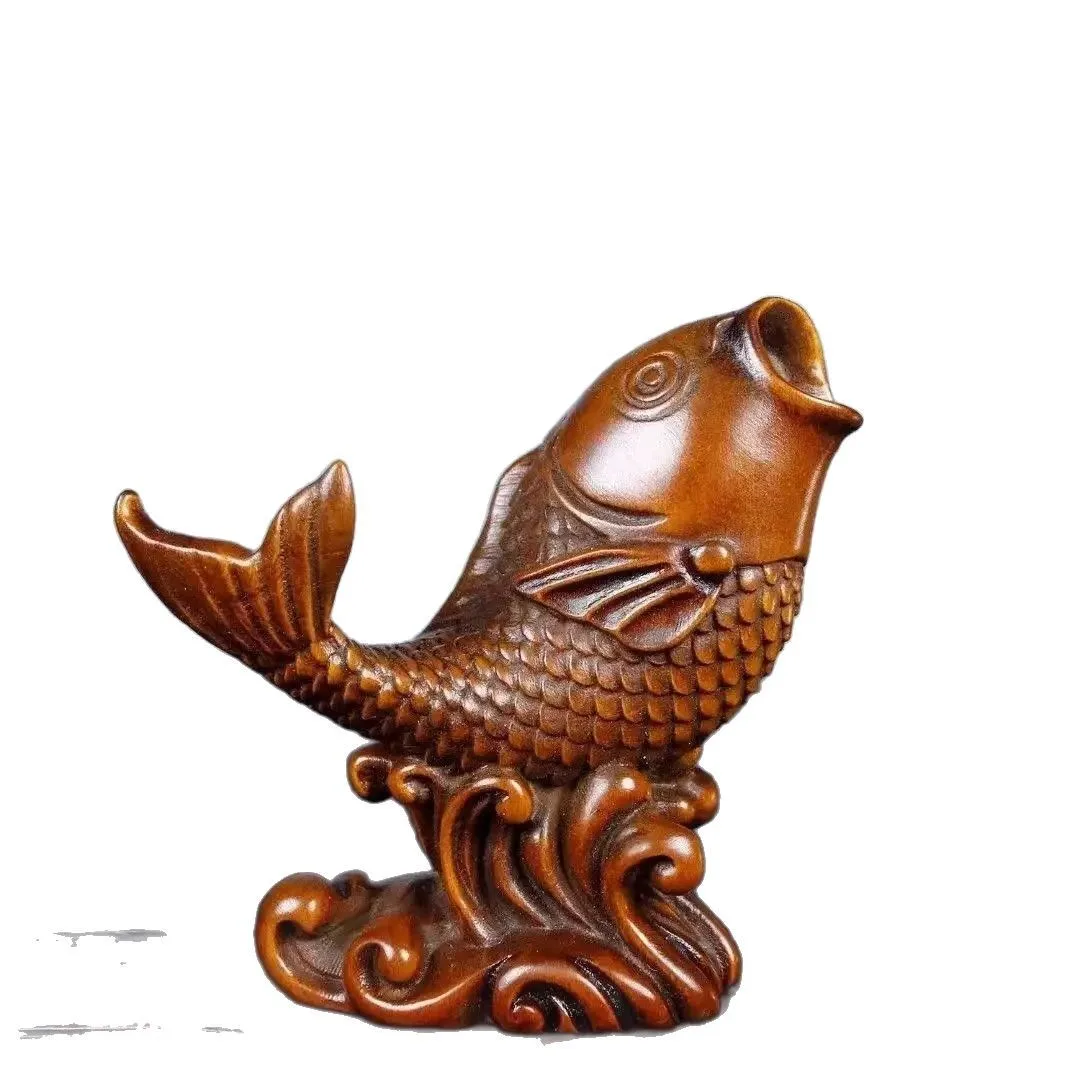 Solid Boxwood Carving Carp Fish Ornament, Hand‑made Pocket Hand Grip, Antique‑Style Mini Sculpture, Tabletop Display Art Present