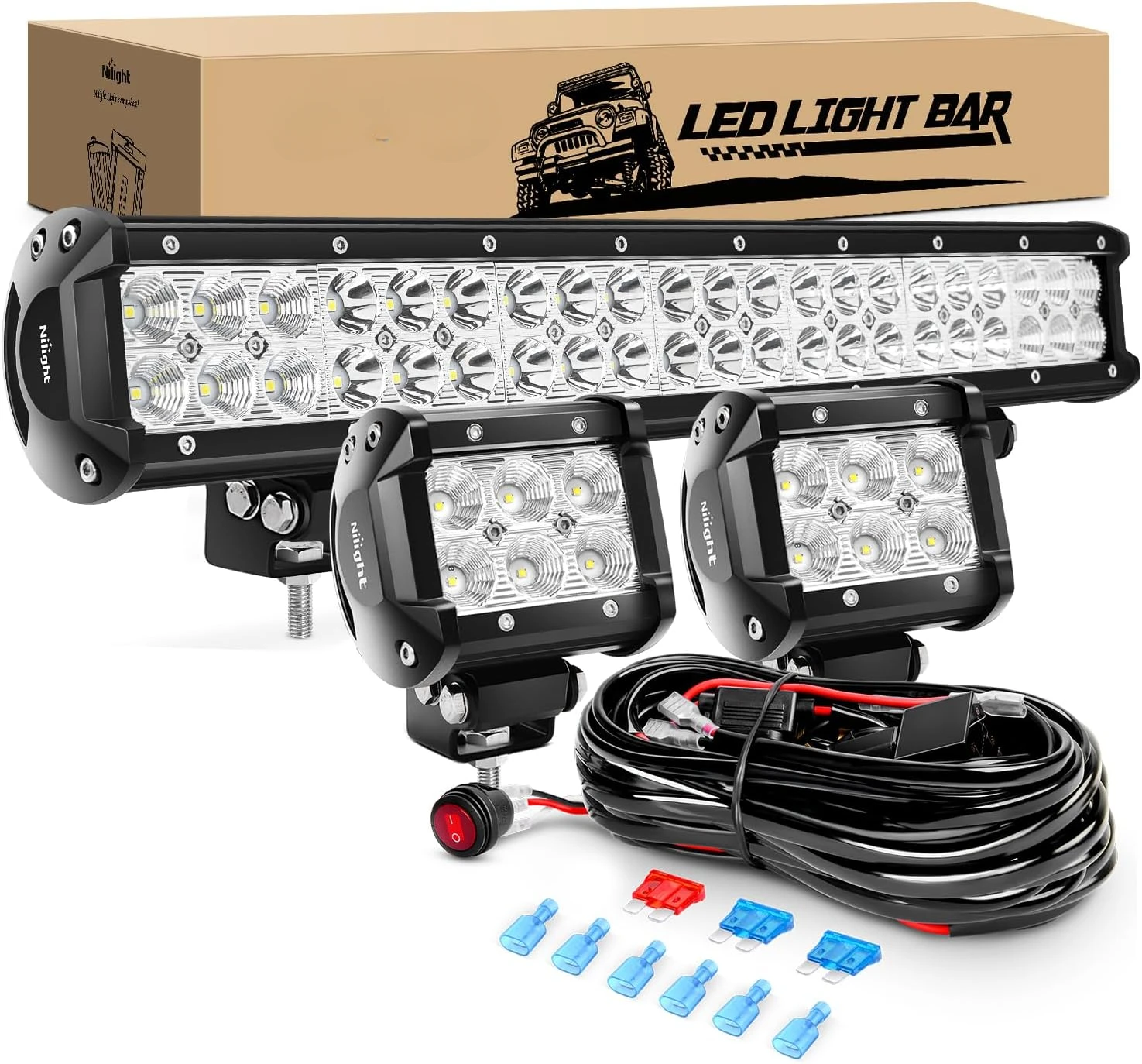 

ZH001 20Inch 126W Spot Flood Combo Led Off Road Led Light Bar 2PCS 18w 4Inch Flood LED Pods With 16AWG Wiring Harness Kit-2 Lead