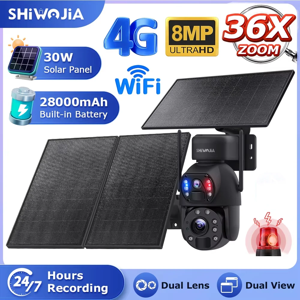 shiwojia 30w 4g sim camera de painel solar 8mp 36x zoom cameras solares 28000mah bateria camera ao ar livre lente dupla gravacao humanoide 01