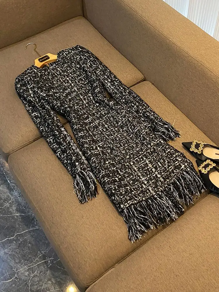 

2025 New Bright Tead Woolen Fringed Hem Long Sve Slim ort Dr High Quali Cross-Border Women's Clothing D955 Commut...