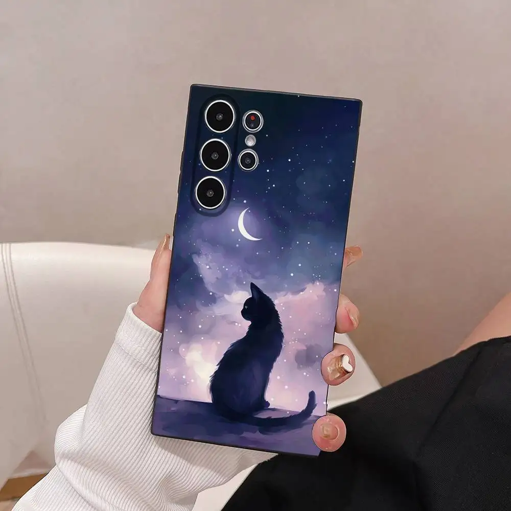 Cartoon Black Cat Art Phone Case Skin-Friendly Soft TPU Case Compatible With Samsung S21/S22/S23/S24/S25 FE/Plus/Ultra