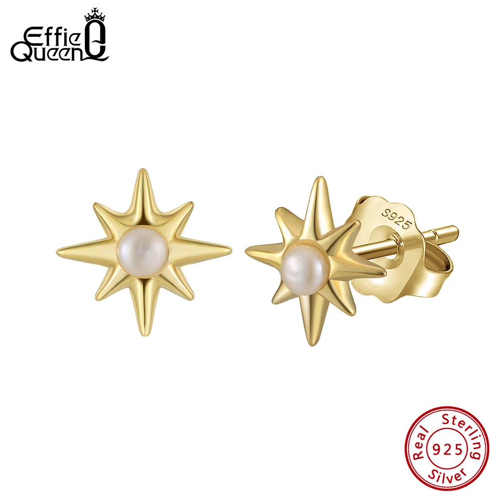 Effie Queen 2.5-3mm 2pcs Natural Freshwater Round Pearl Stud Earrings 925 Sterling Silver Star Style Fashion Item Present GPE113