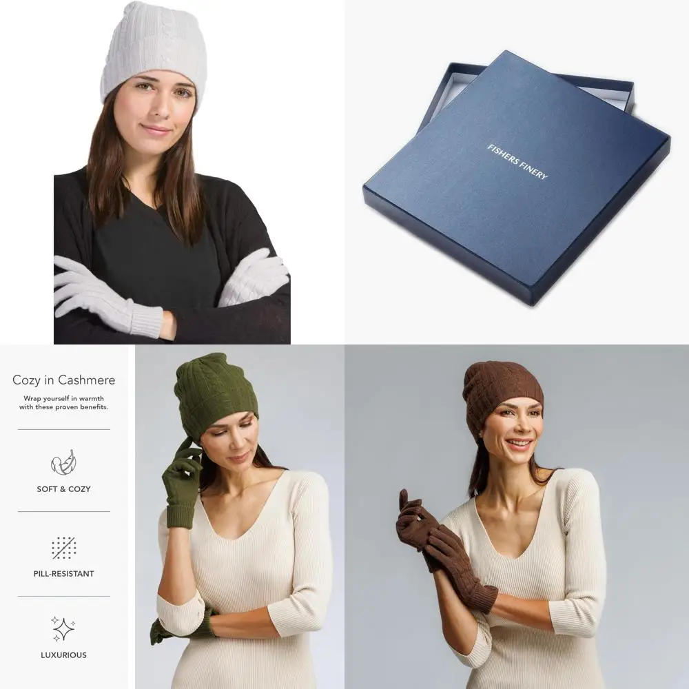 طقم قبعة وقفازات من الكشمير الخالص بنسبة 100% للنساء مع صندوق عرض أنيق