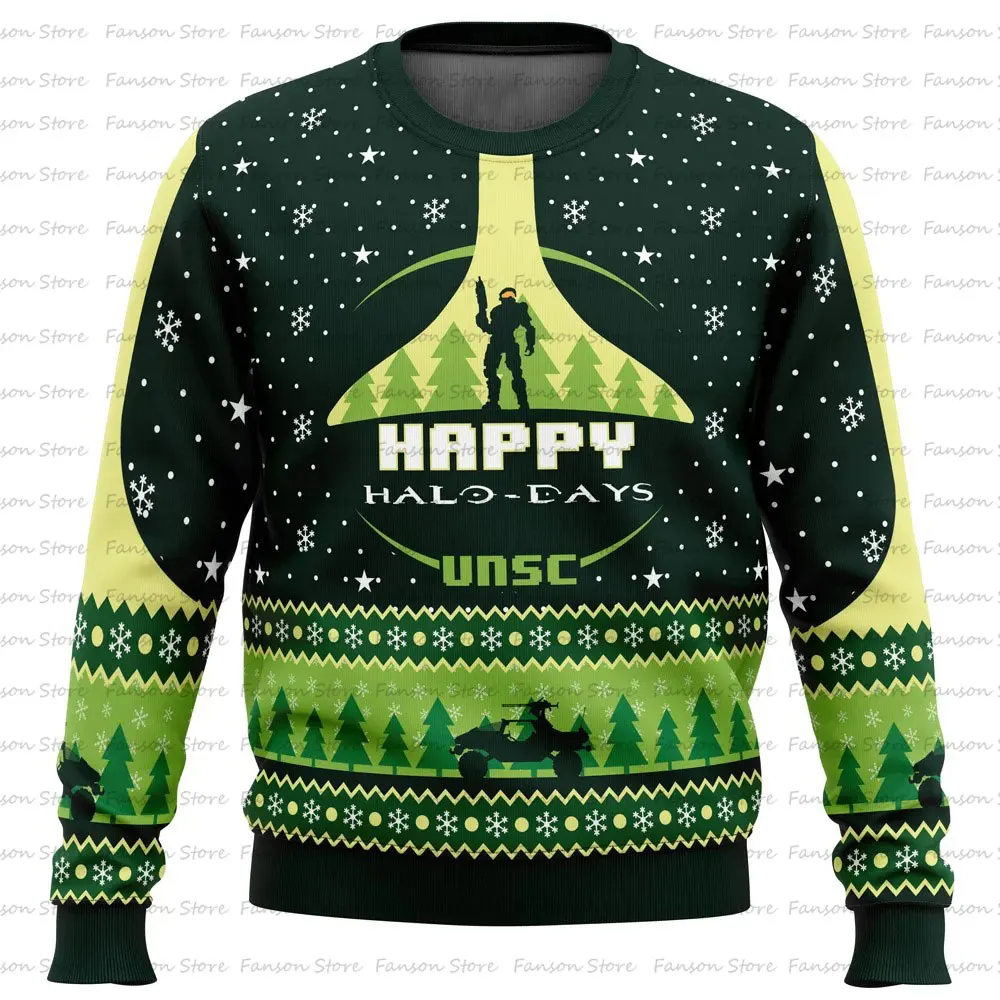 Happy Hallo-Denci- Pull de Noël Anime pour hommes et femmes, Sudadera con capucha de dessin animé Halo en-ly, Pull de pareja, Y-2025,