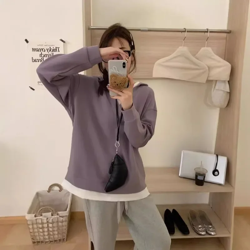 Women New V-Neck Mock Two-piece Hoodies Spring Autumn Solid Colors Loose Casual Sweatshirts Chic Simple Lantern Sleeve Hoodies