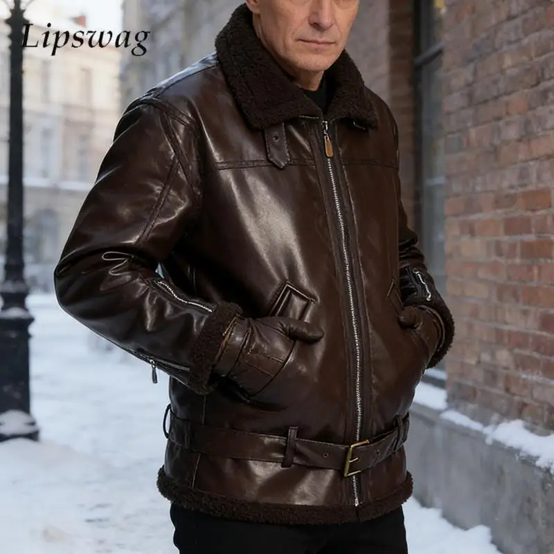 

Vintage Wool Lapel Patchwork Leather Jacket Men Autumn Winter Warm PU Leather Coats Mens Stylish Solid Color Zipper Outerwear