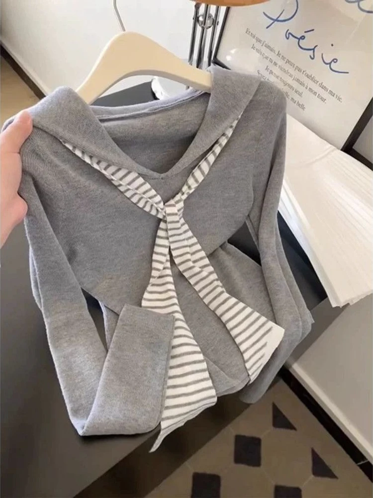 Sailor Collar Shawl Long Sleeve Stripe T-shirt Preppy Style Korea Chic Age Reduction Top Female Slim Minority Sweet Mujer