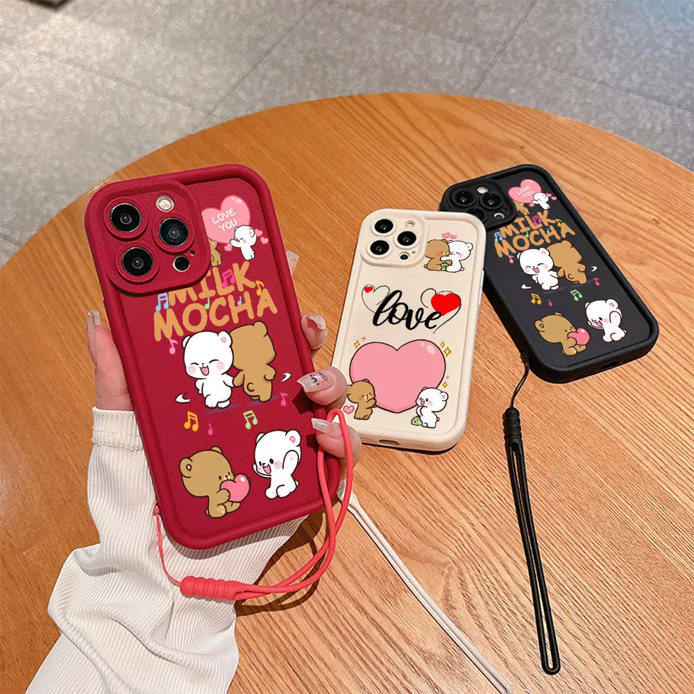 Cute Panda Cartoon Dudu Bubu Phone Case For IPhone 15 14 13 12 11 Pro Max Mini XR XS X 7 8 Plus Soft TPU Cover With Hand Strap