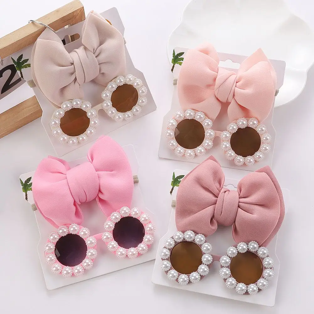 2pc Baby Daisy Pearl Sunglasses With Elastic Nylon Headband Baby Boy Girl Picnic Eye Headwear Beach Seaside Metal Sun Glasses