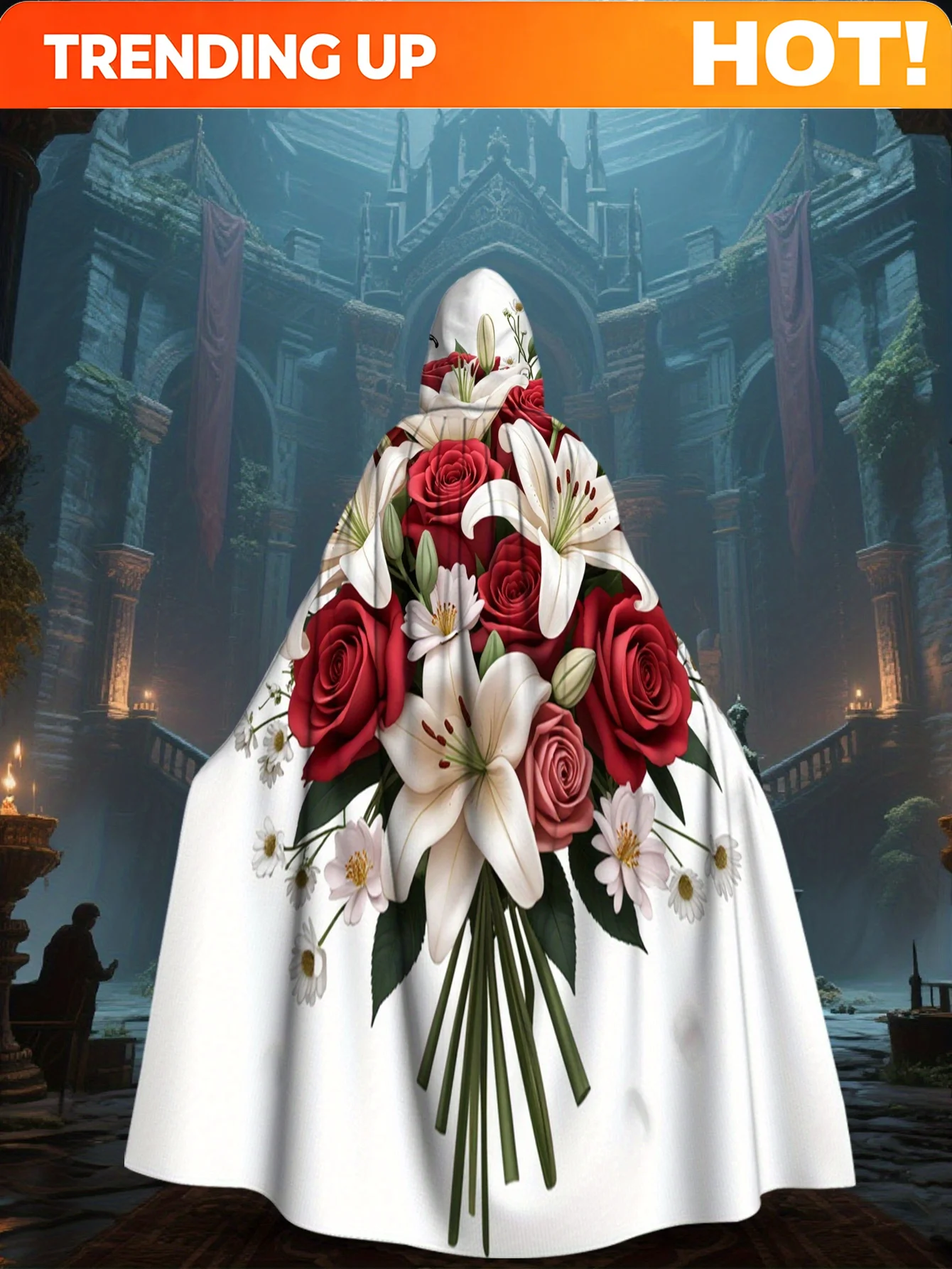 Customization 1pc LianyaoShi 2D Flat Printing All-Season Hooded Cape With Red Roses, White Lilies, And Butterflies - 100% Polyes