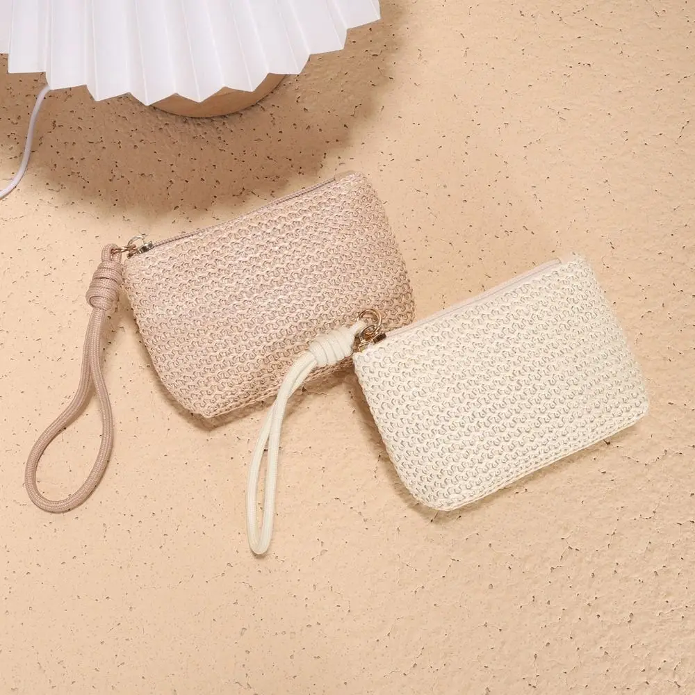 Durable Straw Mini Wallet Mini Zipper Card Holder Coin Purse Women Girls