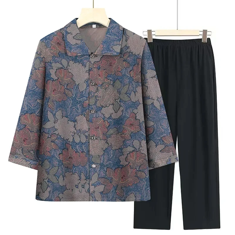 

2025 Femme Print Shirt Pants Outfit Summer Women Seven Divide Sleeve Shirts Korean Middle Aged Mother Large Size 5XL Blouse 2PCS