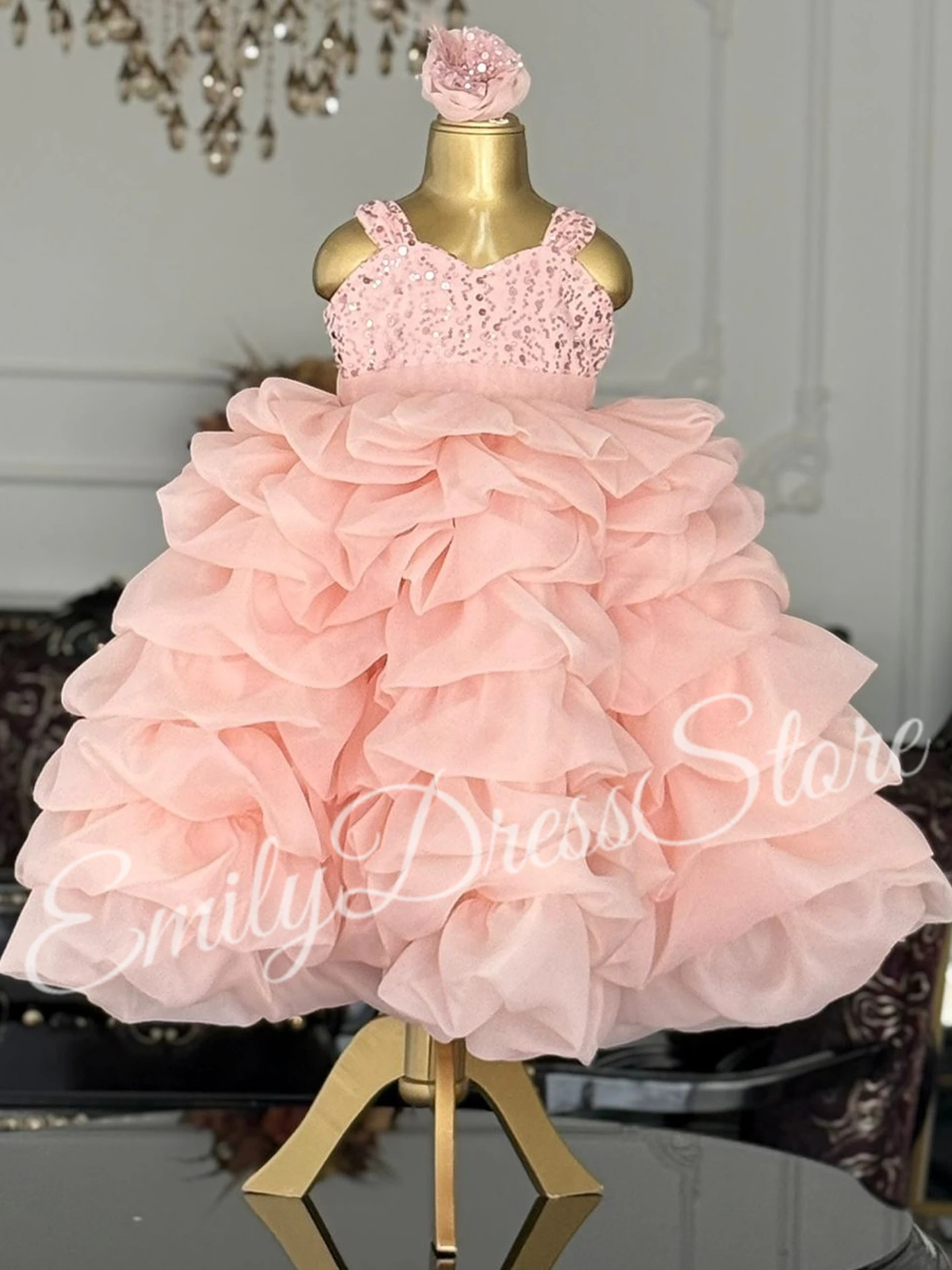 

Румяно-розовое тюлевое платье с цветочным узором для девочек по индивидуальному заказу на свадьбу, многослойные детские бальные платья с пышными пайетками на день рождения, первое причастие
