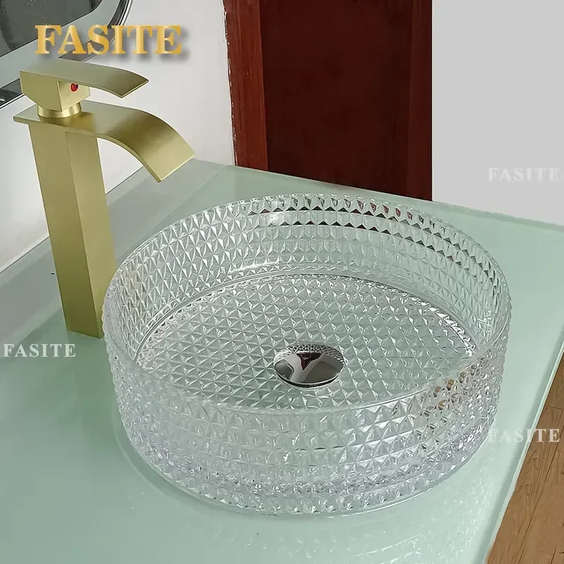 For Bathroom Crystal Glass Vessel Sink Round Square Transparent Washbasin Single Basin Countertop Vanity Bowl Modern Home