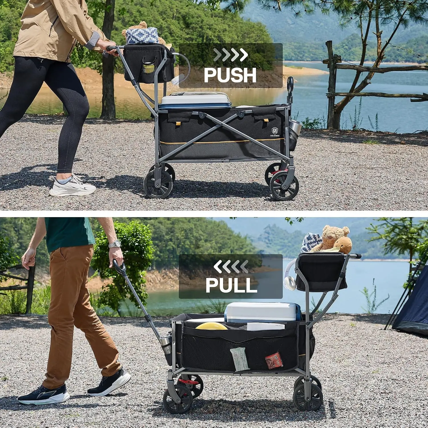 Collapsible Push & Pull Shopping Cart with Wheels & Brakes, Foldable Wagon for Groceries with Practical Basket, Side Pockets