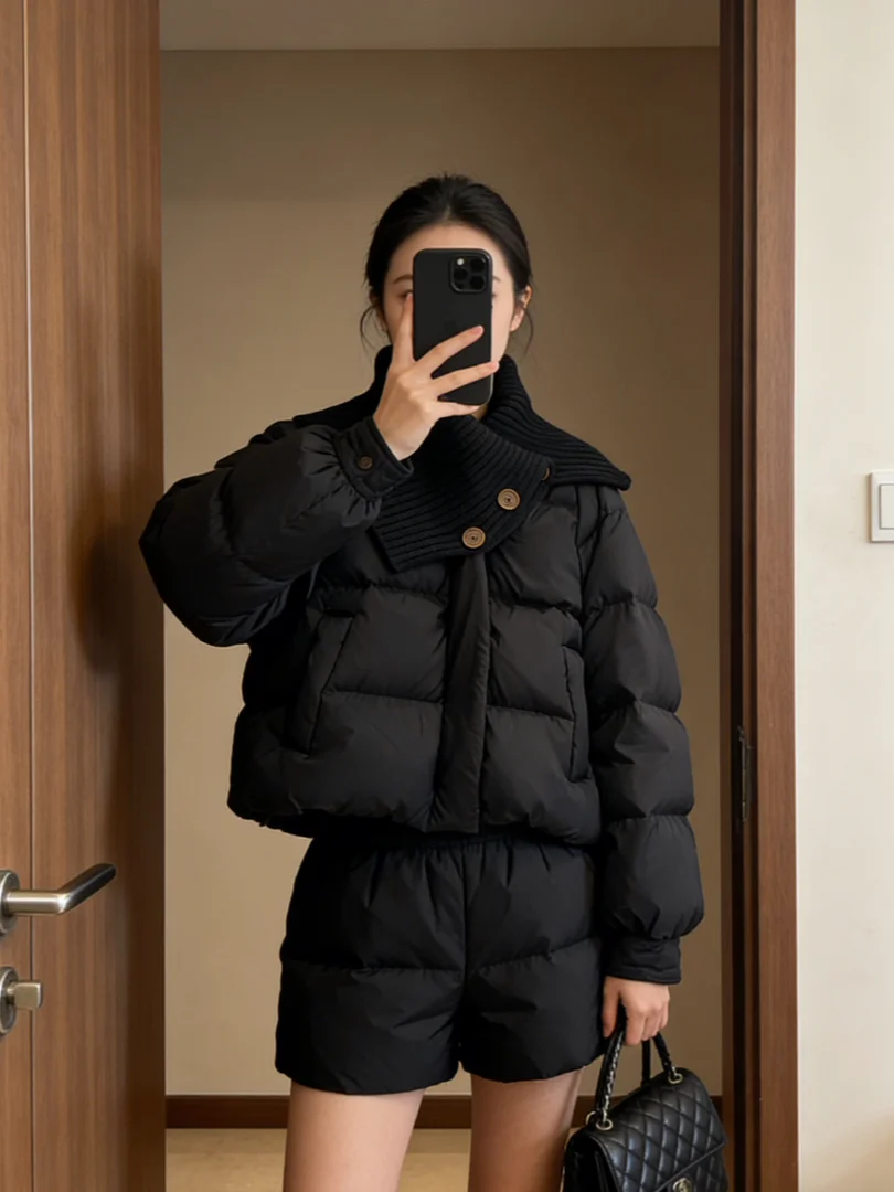 

Новая зимняя женская куртка 2025 года: свободный крой, вязаный воротник, пэчворк, хлопок, корейский дизайн, стандартный крой рукавов