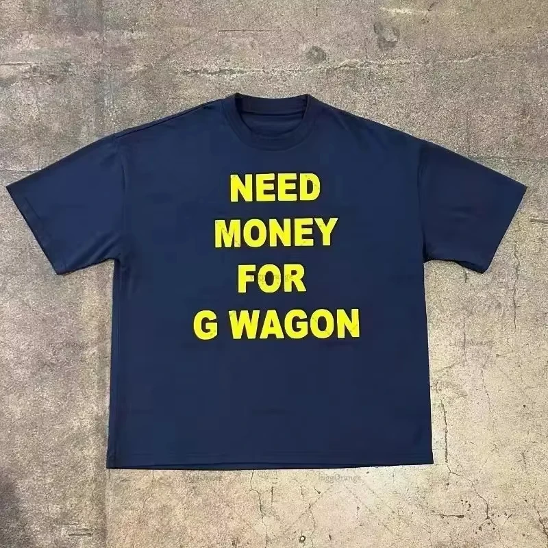 2026 Unisex Vintage Thick Font Slogan T-shirt Crew Neck Retro Bright Yellow Text Print Loose Fit Navy Casual Short Sleeve Tees