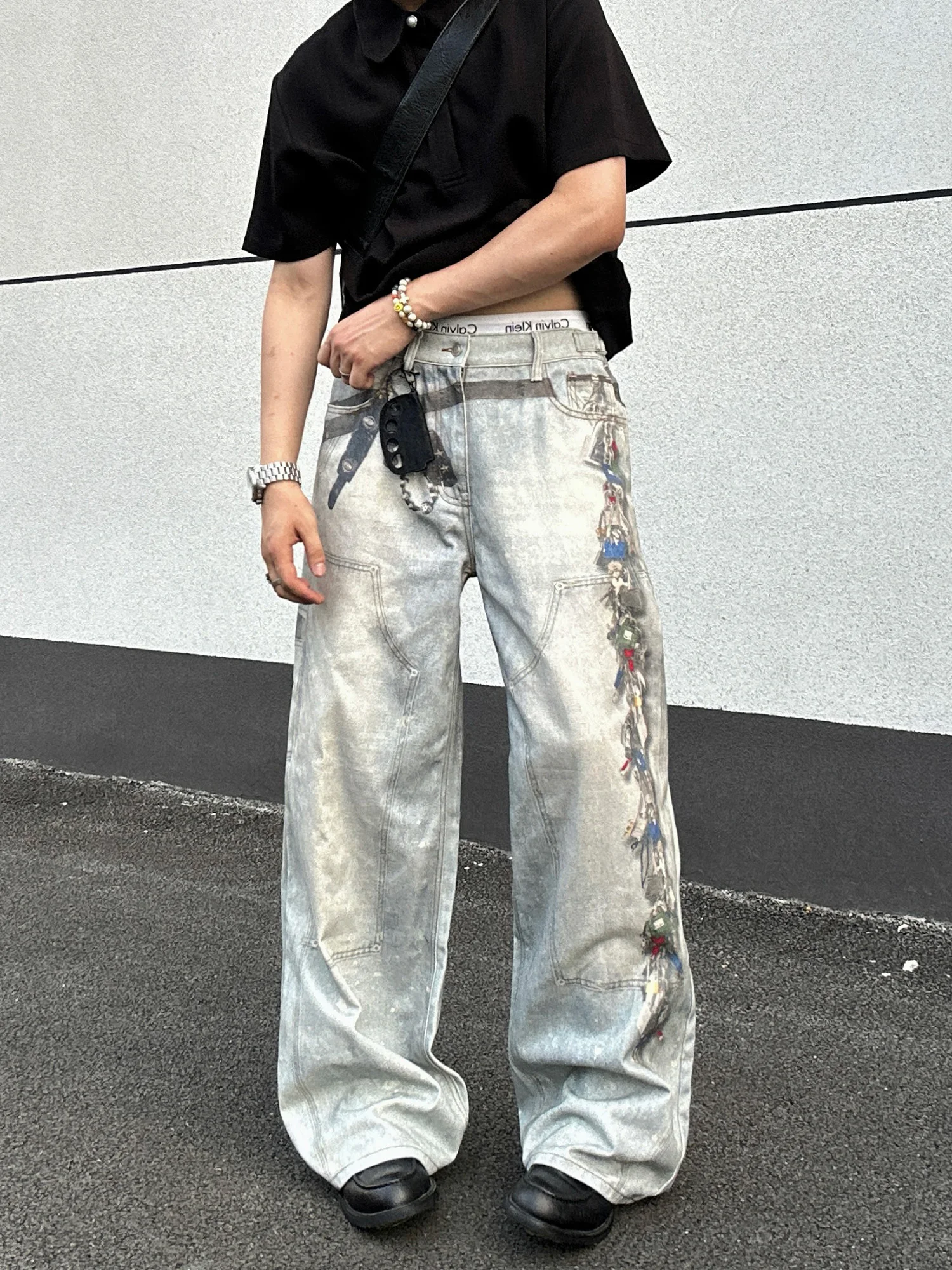 JDKZ: تقييم شامل لجينز JDKZ American High Street 3D Digital Print Heart Chain Belt Loose Straight Leg Jeans Casual ex Jeans Youth Faion