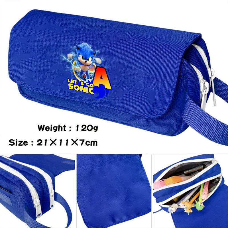 

Sonics Pencil Case Cartoon Stationery Supplies Kawaii Anime Printed Bag New Blue Pen Pouch Kids Large Capacity Storage Bag Gift