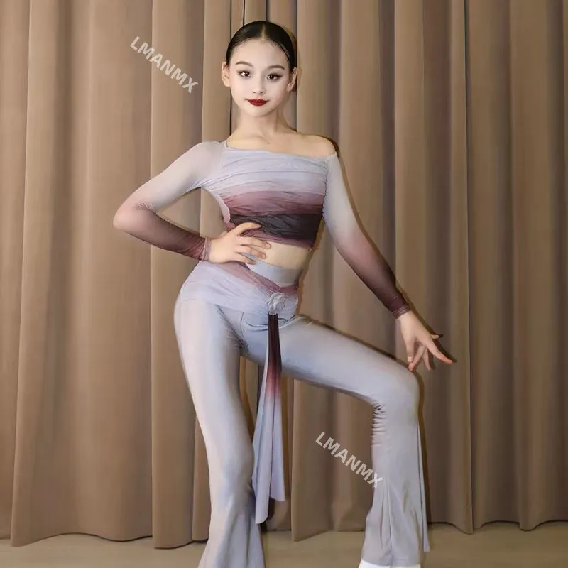 

Новое платье для латинских танцев осень/зима 202, повседневное тренировочное платье для девочек и детей, комплект длинных брюк высокого класса для детских танцев